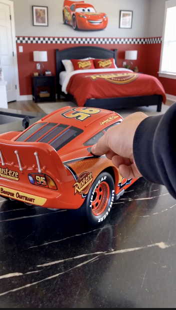 Lightning McQueen tabletop diffuser on a dark tabletop